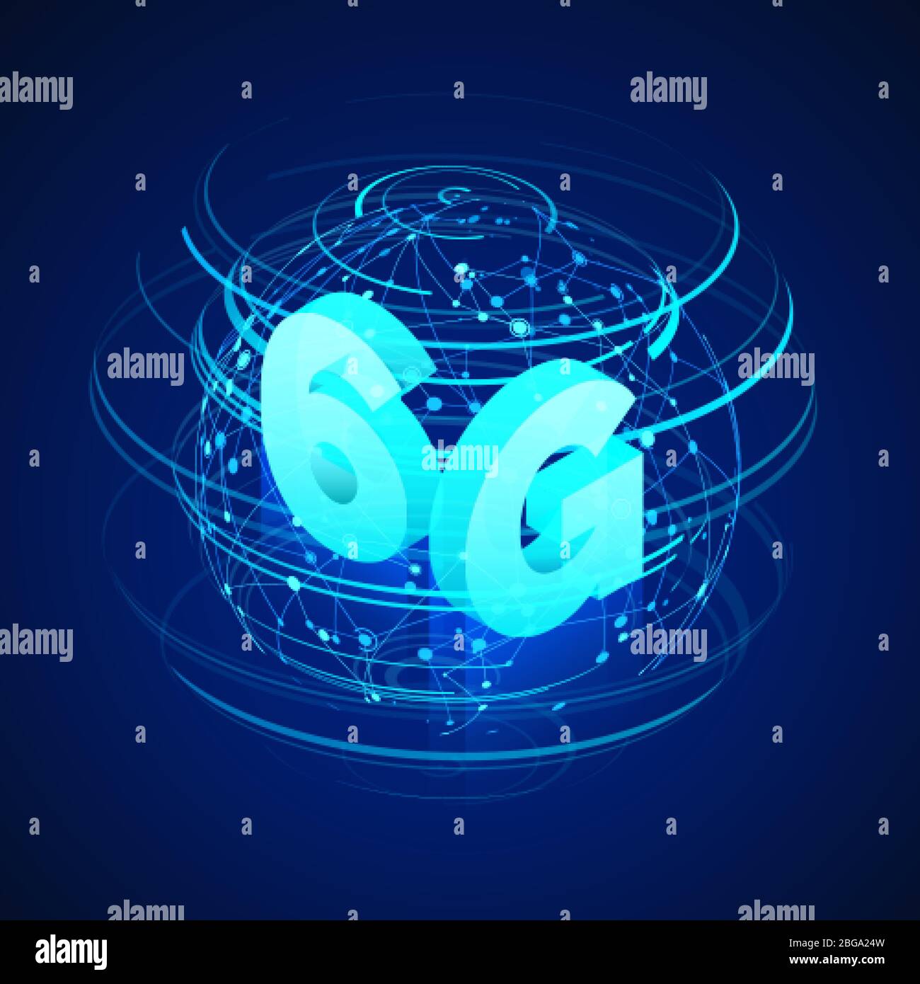 Reti mobili globali 6G ad alta velocità. Immagine isometrica aziendale ologramma di rete globale e testo 6g. Moderna tecnologia di trasferimento dati. Wireless w Illustrazione Vettoriale