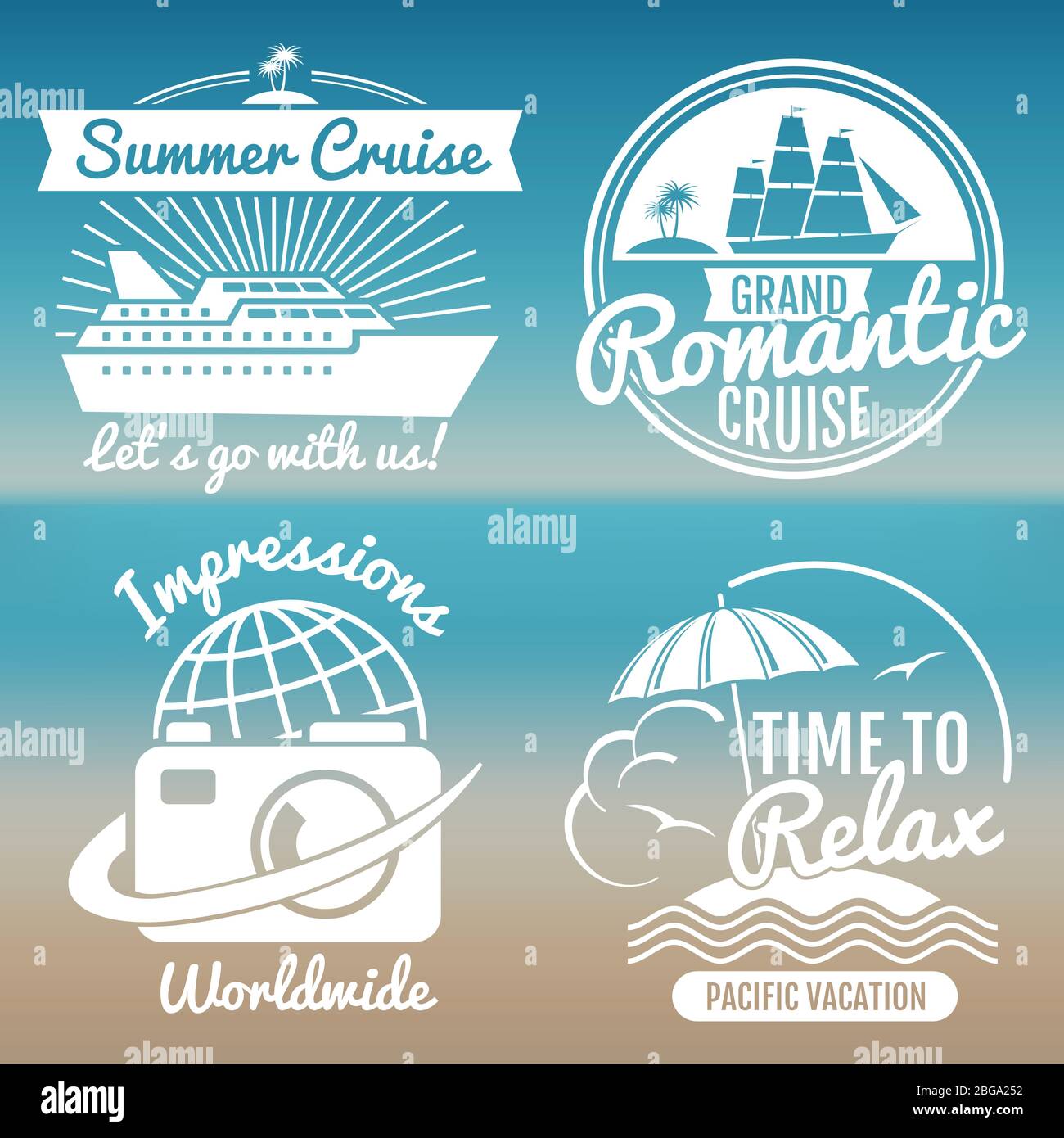 Set di logo per vacanze vintage bianco - banner per viaggi estivi design. Illustrazione vettoriale Illustrazione Vettoriale