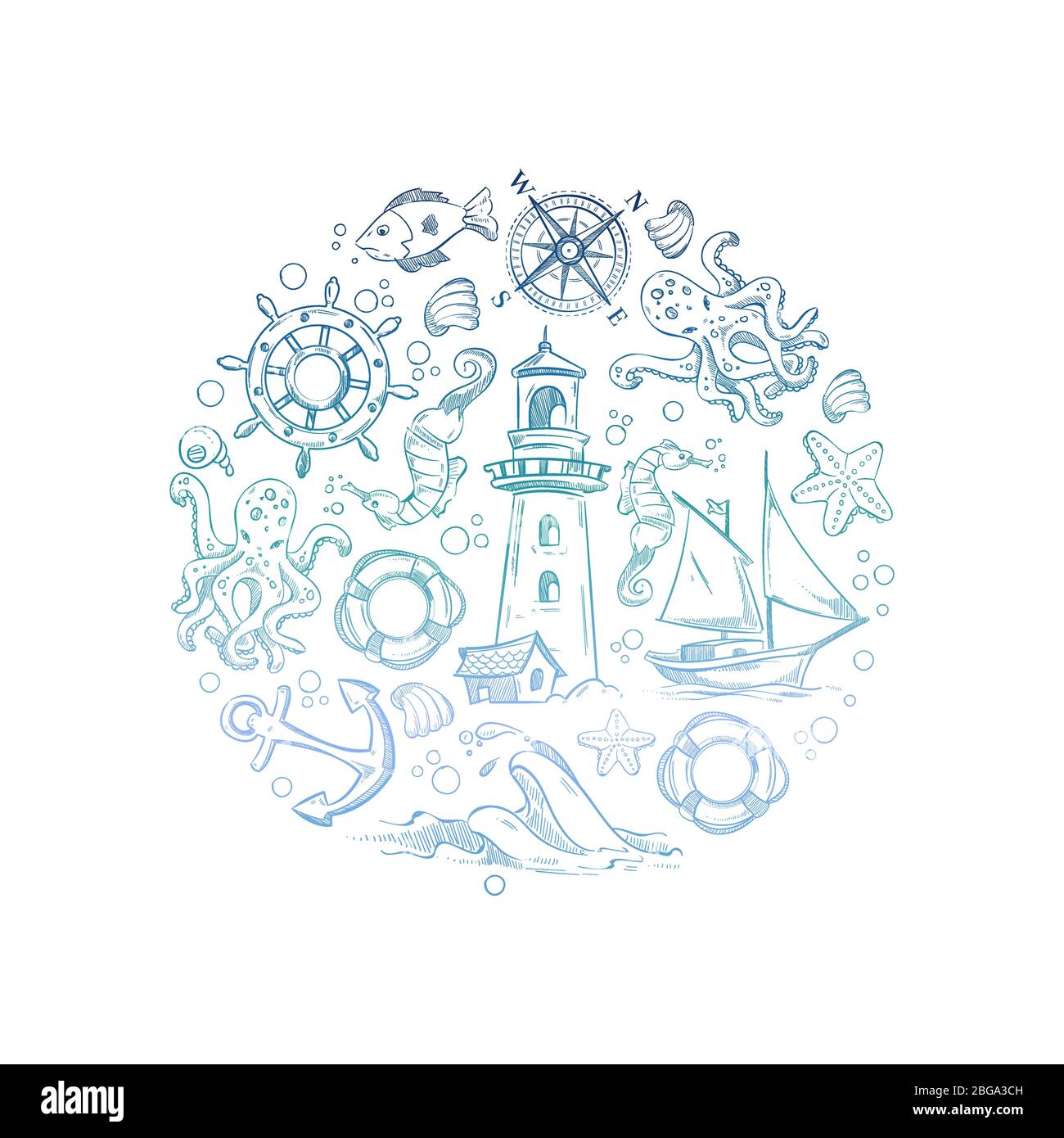 Vita subacquea, colorato concetto di banner marino. Illustrazione di animali marini marini e acquatici subacquei Illustrazione Vettoriale