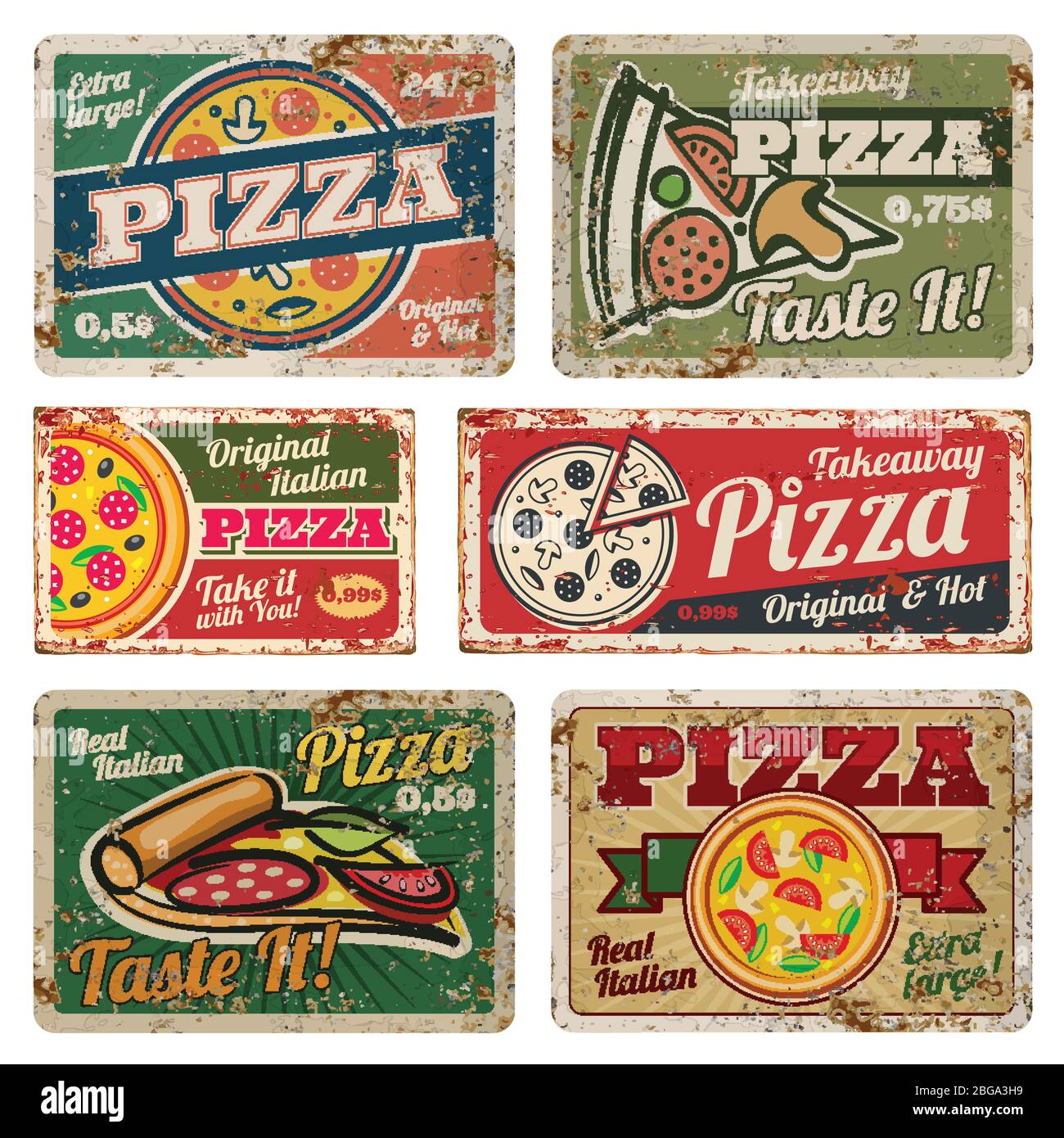 Segni di pizza vintage con set vettoriale a grana. Poster di cibo retrò in stile anni '50. Banner pizza cibo grunge stile, poster vintage per l'illustrazione pizzeria ristorante Illustrazione Vettoriale
