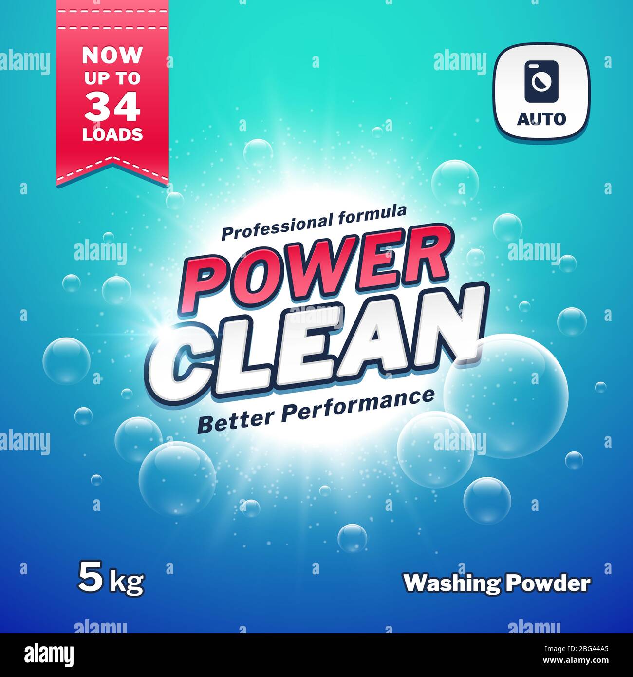 Polvere di lavaggio. Modello di progettazione vettoriale per confezioni detergenti. Illustrazione del prodotto in polvere per confezione di detergen Illustrazione Vettoriale