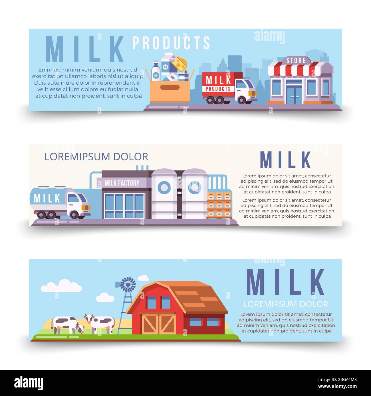 Poster per la produzione di latte con modello di poster orizzontale del set. Illustrazione vettoriale Illustrazione Vettoriale