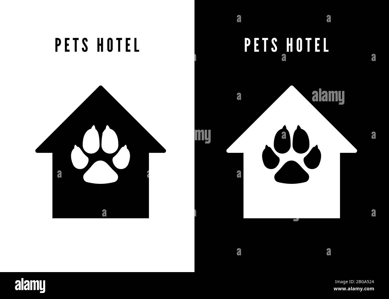 Icona PET hotel. Casa nera con impronta del cane. Logo per gli animali domestici. Vettore Illustrazione Vettoriale