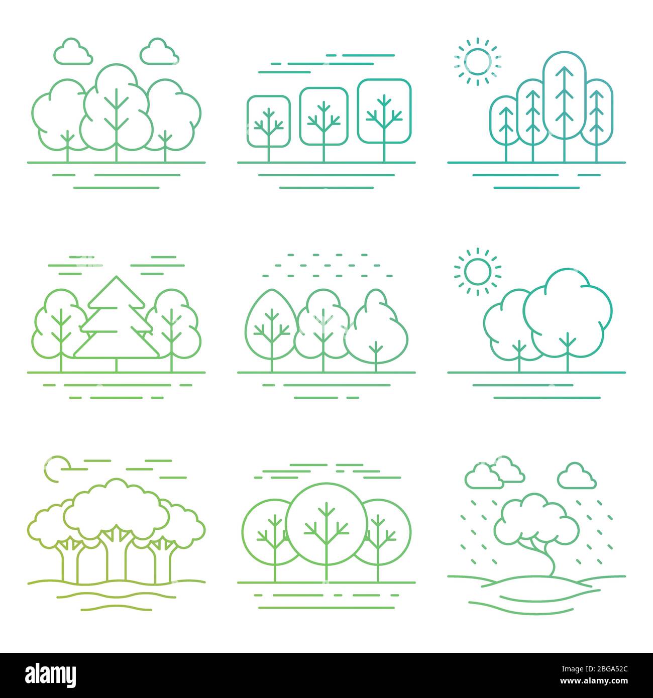 Natura luminosa foresta paesaggio sottile icone isolate su bianco. Ambiente albero lineare, contorno foresta e parco verde, illustrazione vettoriale Illustrazione Vettoriale
