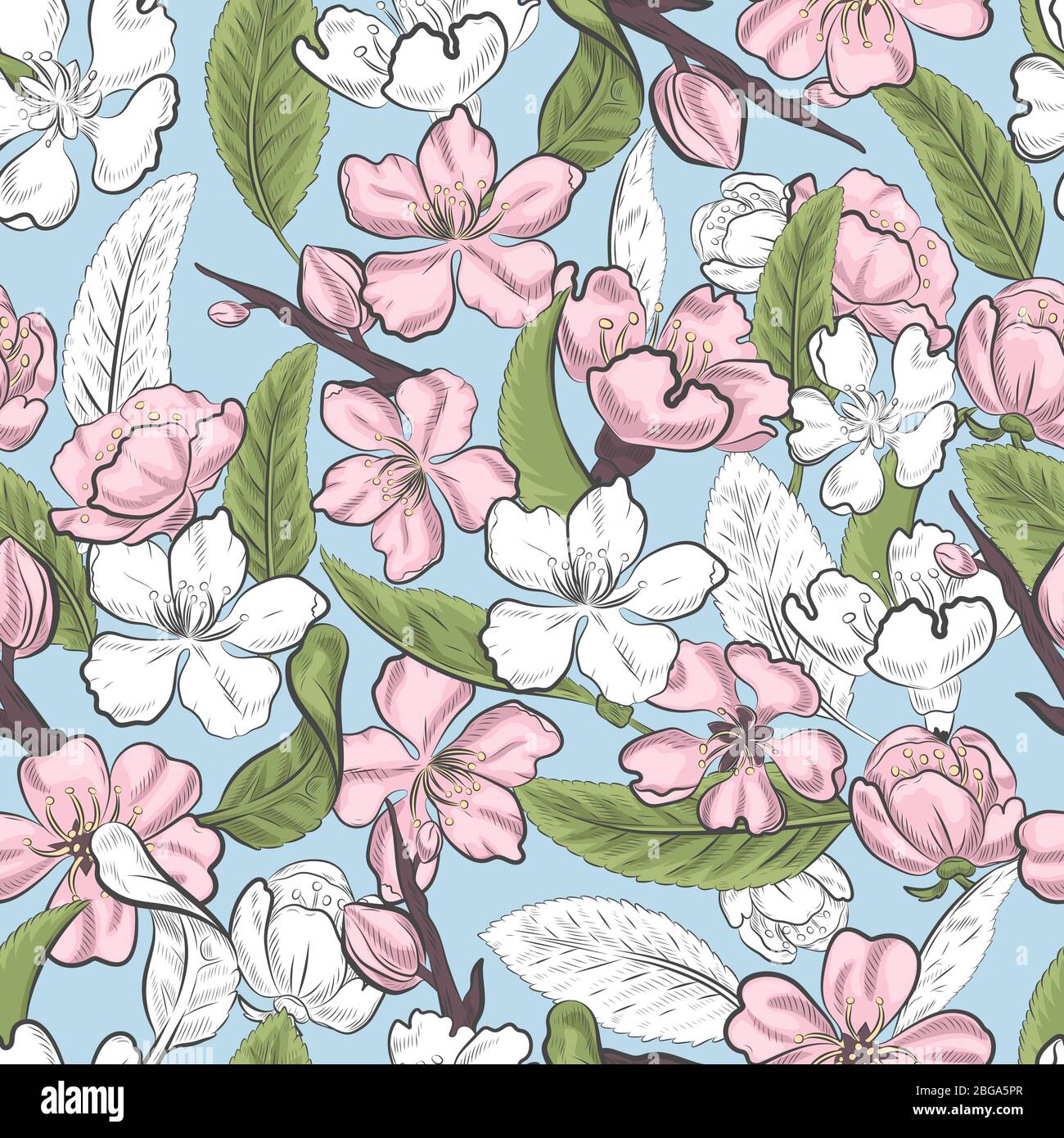 Fiore floreale rosa di mandorle isolato motivo senza giunture. Primavera fiori rosa fiorente su sfondo blu motivo infinito. Illustrazione Vettoriale