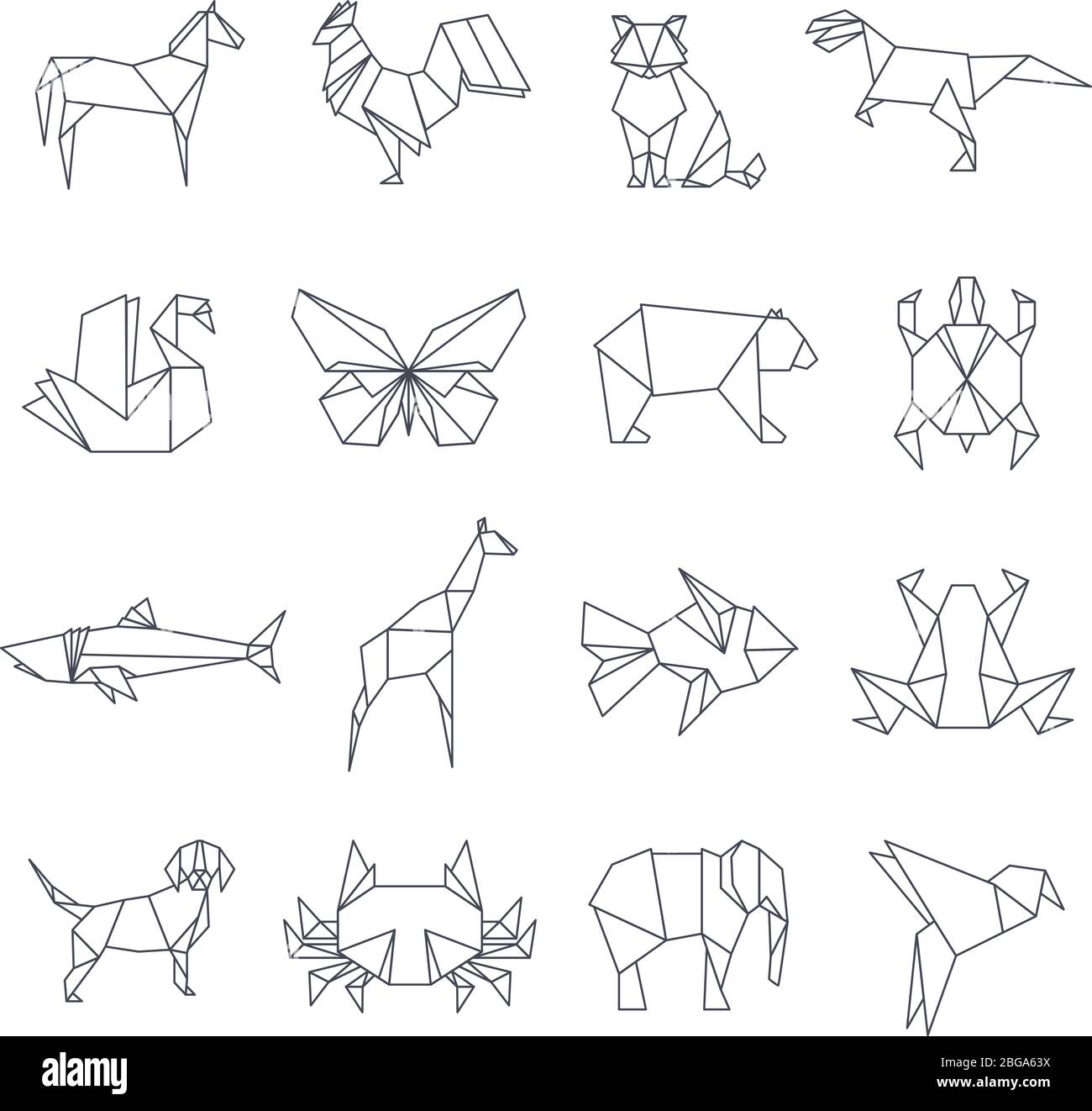Carta di origami giapponese Animali icone di linee vettoriali. Set di immagini geometriche della forma animale di origami Illustrazione Vettoriale