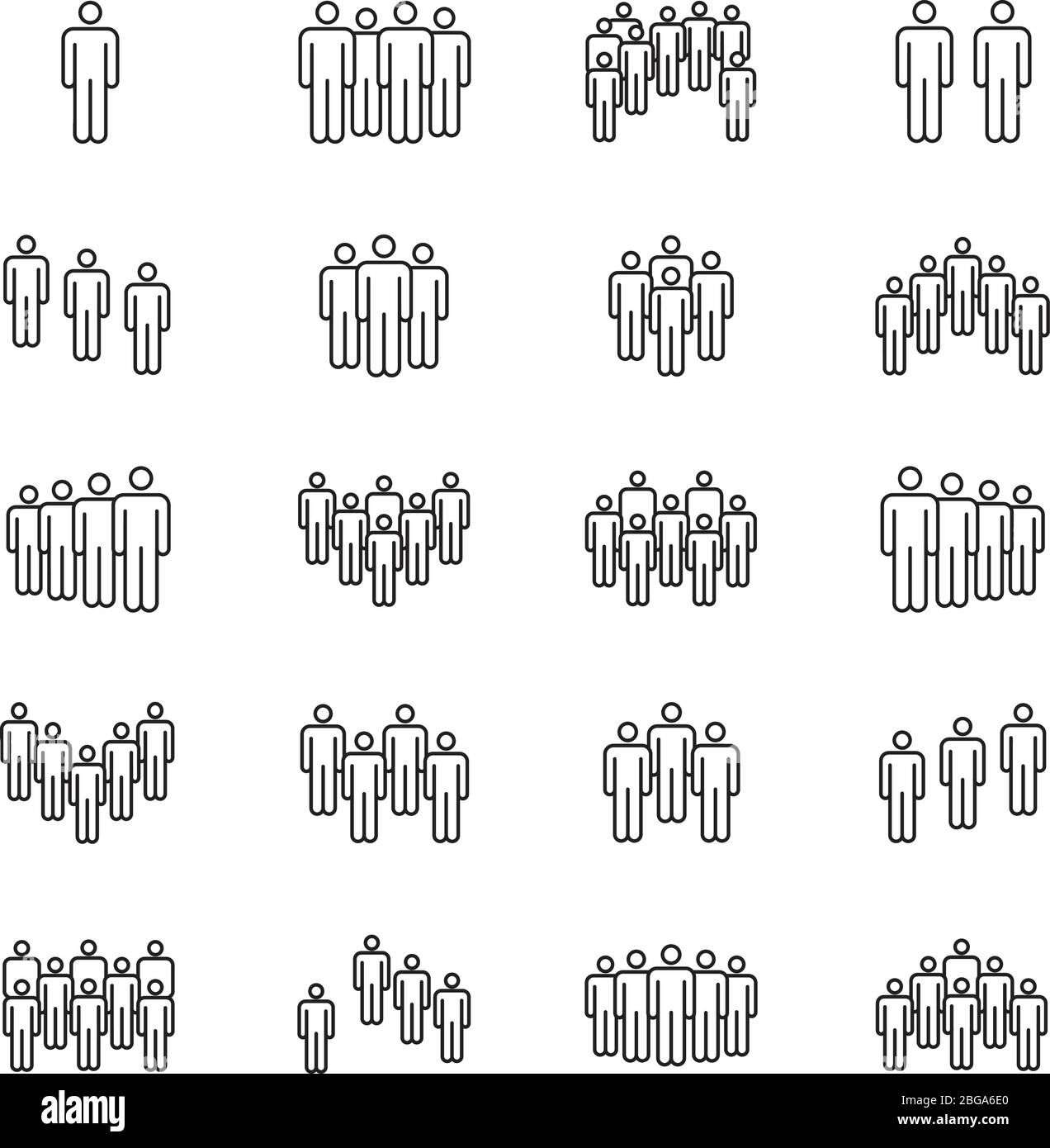 Simboli della folla umana. Icone della linea vettoriale del gruppo di persone. Gruppo di persone sociali, illustrazione della comunità di lavoro di squadra Illustrazione Vettoriale