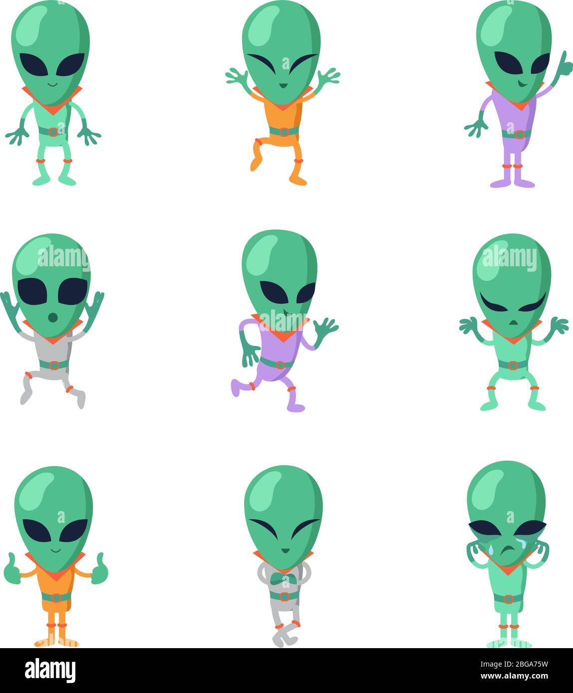 Divertente cartoon aliens vettore verde caratteri umanoidi. Personaggio umanoide e alieno, monster amichevole marziano illustrazione Illustrazione Vettoriale