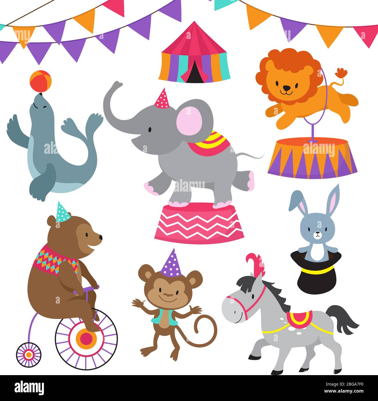 Circus bambino mostra cartoni animati vettore animali. Carnevale del Circo con animali leone orso, elefante e scimmia illustrazione Illustrazione Vettoriale