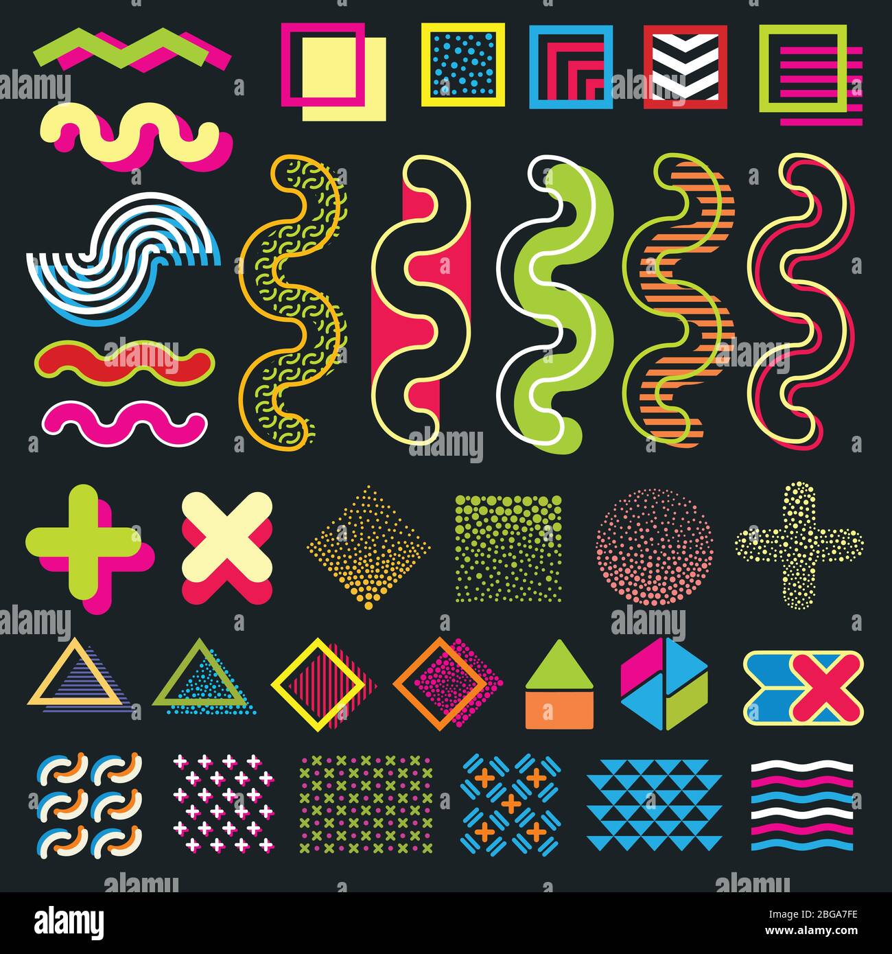 Grafica minimal a colori memphis elementi di design per motivi di moda in stile anni '80. Tratti di oggetti d'arte e hipster retrò di moda memphis. Illustrazione vettoriale Illustrazione Vettoriale