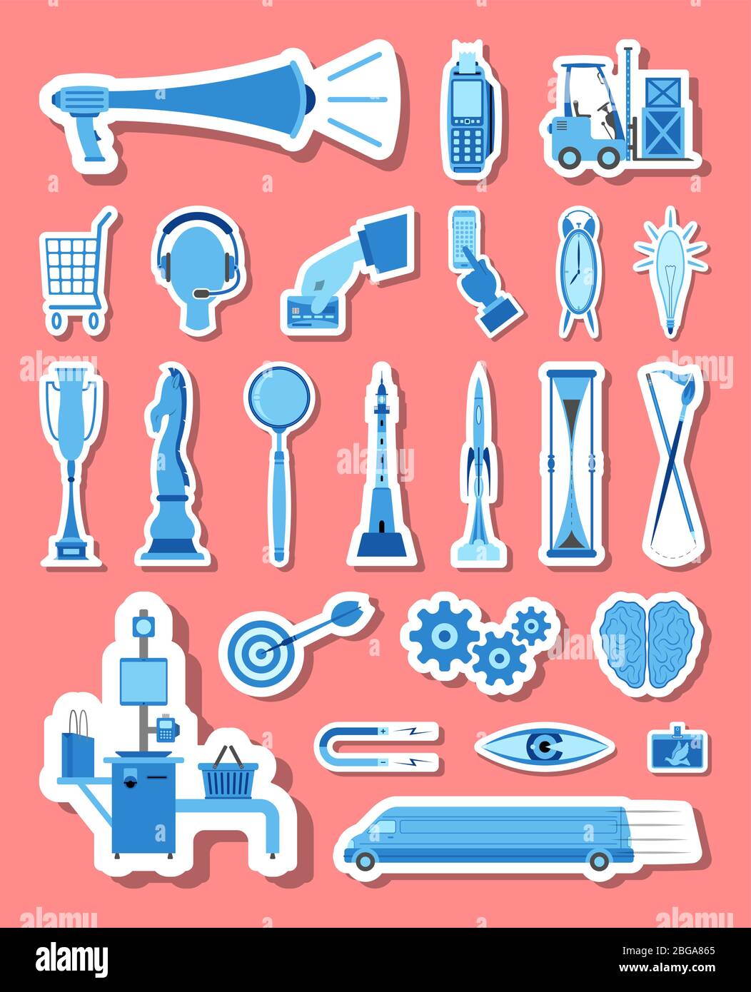 Icone di marketing e commercio impostate in toni blu. Tutti gli oggetti icona, le ombre e lo sfondo sono in livelli diversi. Illustrazione Vettoriale