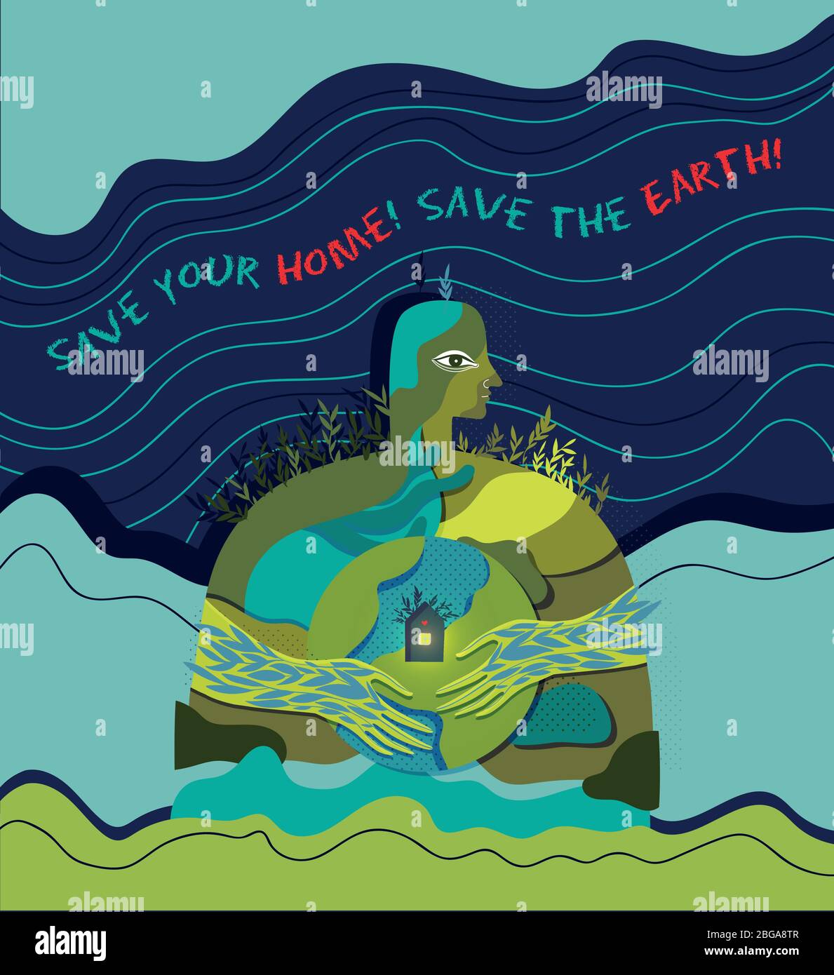 Salva la tua casa. Salva la Terra. Poster ecologico concettuale vettoriale. Illustrazione Vettoriale