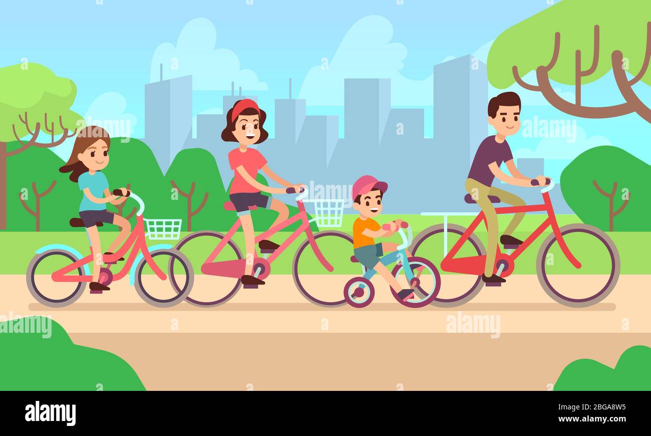 Bambini felici e genitori in bicicletta. Concetto di vettore di famiglia attivo. Famiglia su bicicletta padre madre con figlia e figlio illustrazione Illustrazione Vettoriale