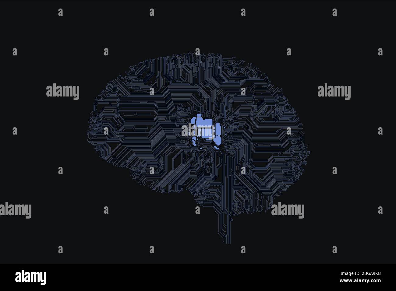 Intelligenza artificiale, reti neurali sotto forma di chip, cervello informatico sotto forma di cervello umano, concetto dettagliato. Illustrazione Vettoriale