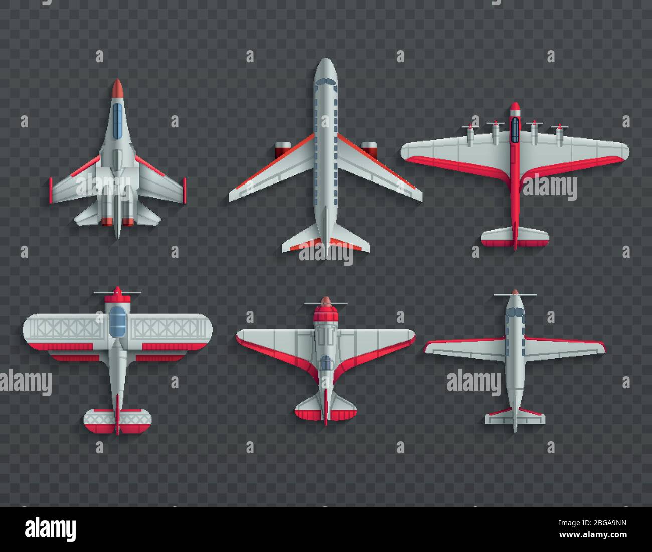 Vista dall'alto di aerei e aerei militari. icone vettoriali 3d per aerei e combattenti. Vista dall'alto dell'aereo, illustrazione del modello di trasporto aereo Illustrazione Vettoriale