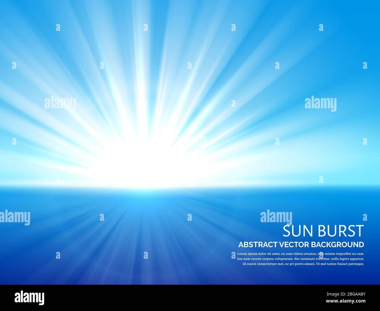 Il sole bianco scoppiò nel cielo blu. Sfondo vettoriale astratto effetto luce solare esplosiva. Illustrazione dell'energia solare e dei raggi solari Illustrazione Vettoriale