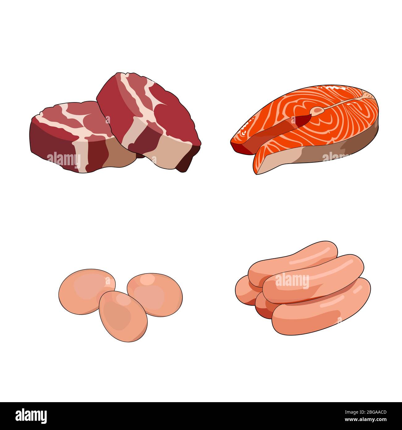Bistecca di carne di manzo, tagli di lombata cruda. Fette di carne rossa. Salsicce di pollo, pollame. Bistecca di salmone fresco. Filetto di pesce rosso. Uova. Colazione cibo proteine complete Illustrazione Vettoriale
