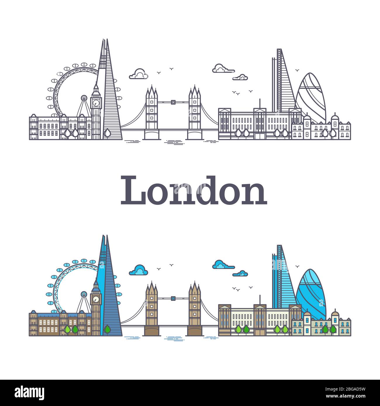 Lo skyline della città di Londra con edifici famosi, i monumenti storici dell'inghilterra del turismo delineano e l'illustrazione del vettore luminoso Illustrazione Vettoriale