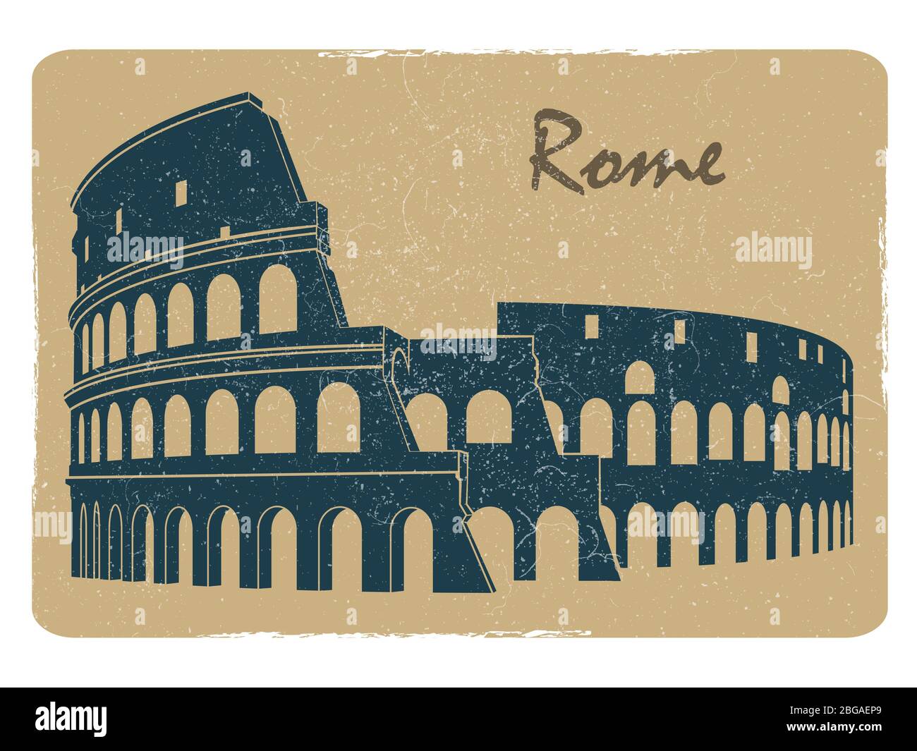 Logo del Colosseo di roma d'epoca con emblema e cartoline. Illustrazione piatta vettoriale Illustrazione Vettoriale