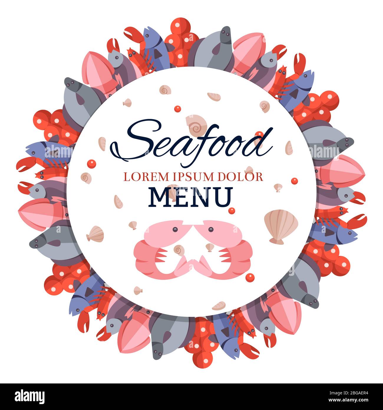 Menu rotondo banner con pesce - pesci luminosi, gamberi, conchiglie aragoste. Illustrazione vettoriale Illustrazione Vettoriale