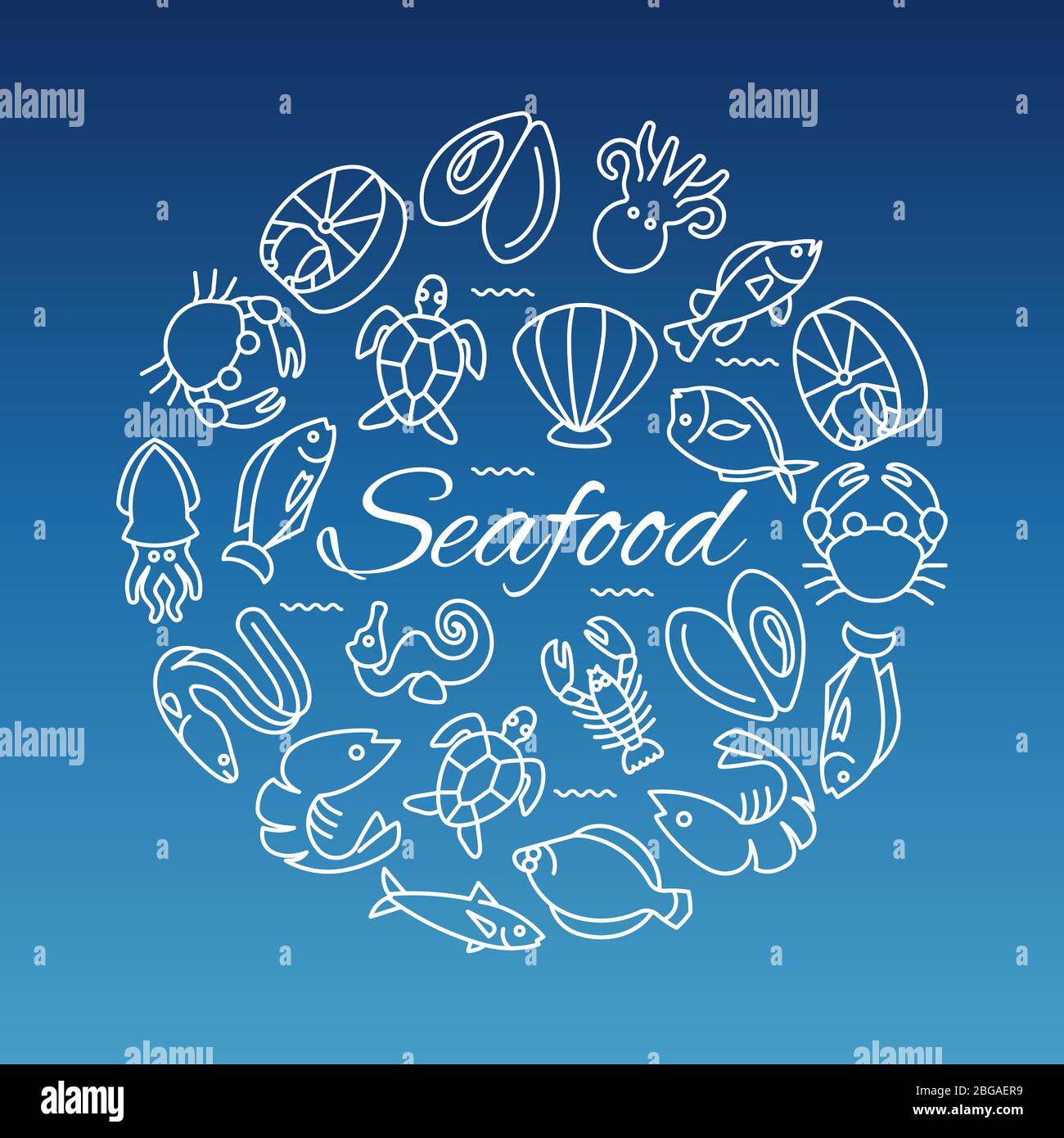 Banner icone linea di pesce con ostriche di gamberi di pesce. Illustrazione vettoriale Illustrazione Vettoriale