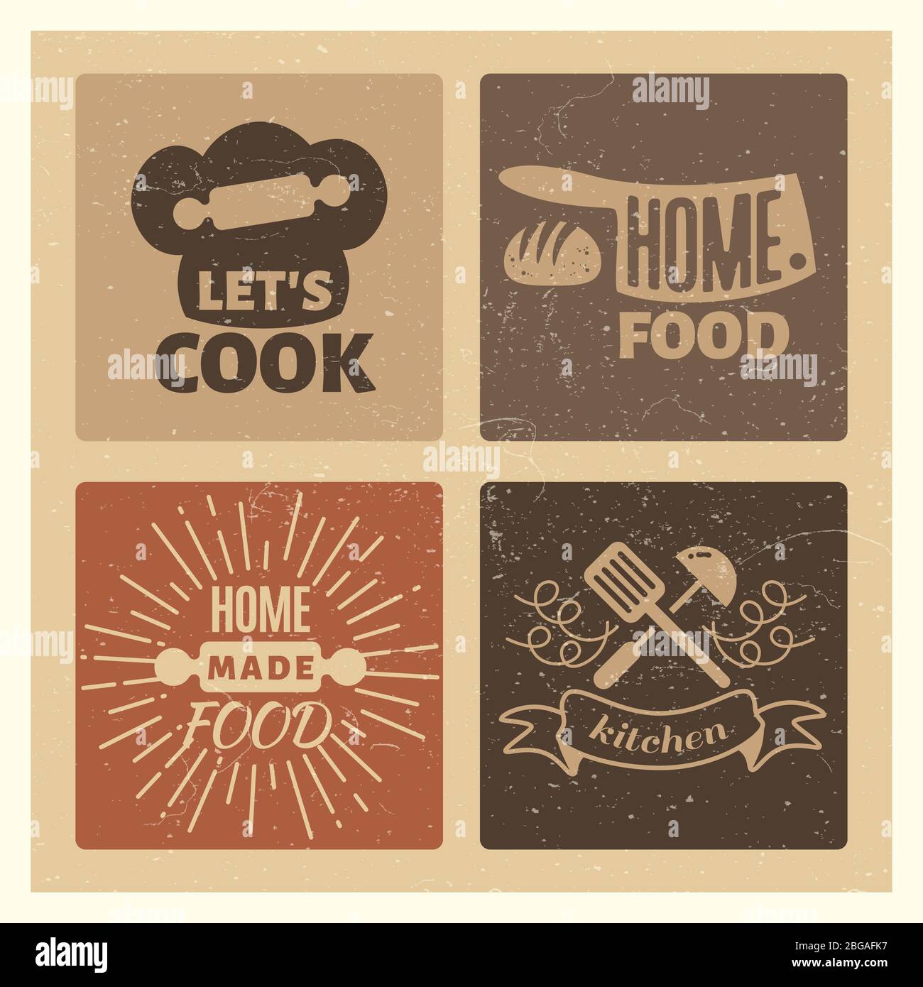 Set di badge per cibi fatti in casa e panetteria vintage. Vector badge panetteria, negozio di emblemi in casa ilustration Illustrazione Vettoriale