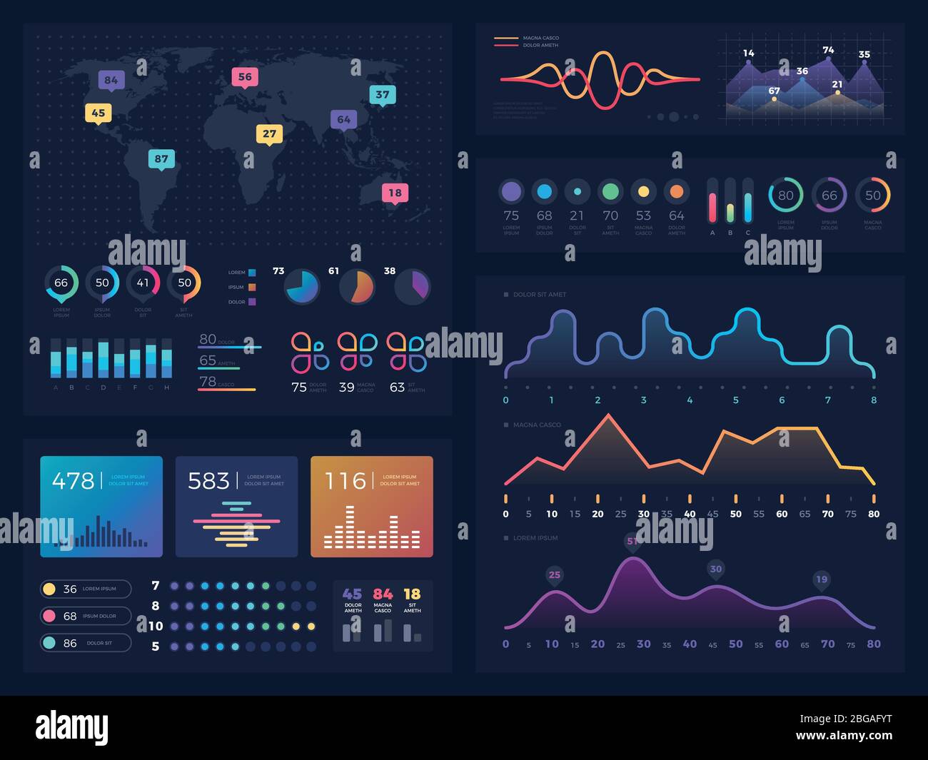 Diagrammi e diagrammi di flusso di lavoro, elementi vettoriali utili per la presentazione di marketing delle informazioni aziendali. Informazioni su grafici e diagrammi per l'illustrazione della presentazione Illustrazione Vettoriale