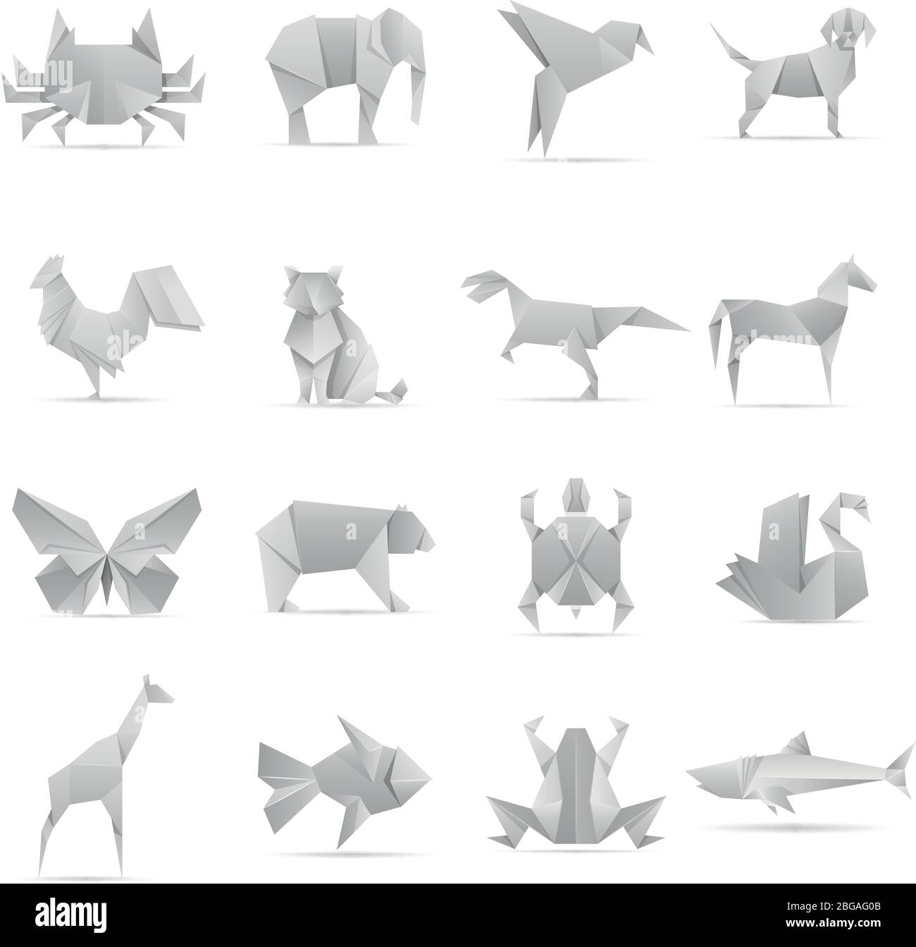 Collezione vettoriale di animali di origami creativi asiatici. Illustrazione di carte giocattolo geometriche animali Illustrazione Vettoriale
