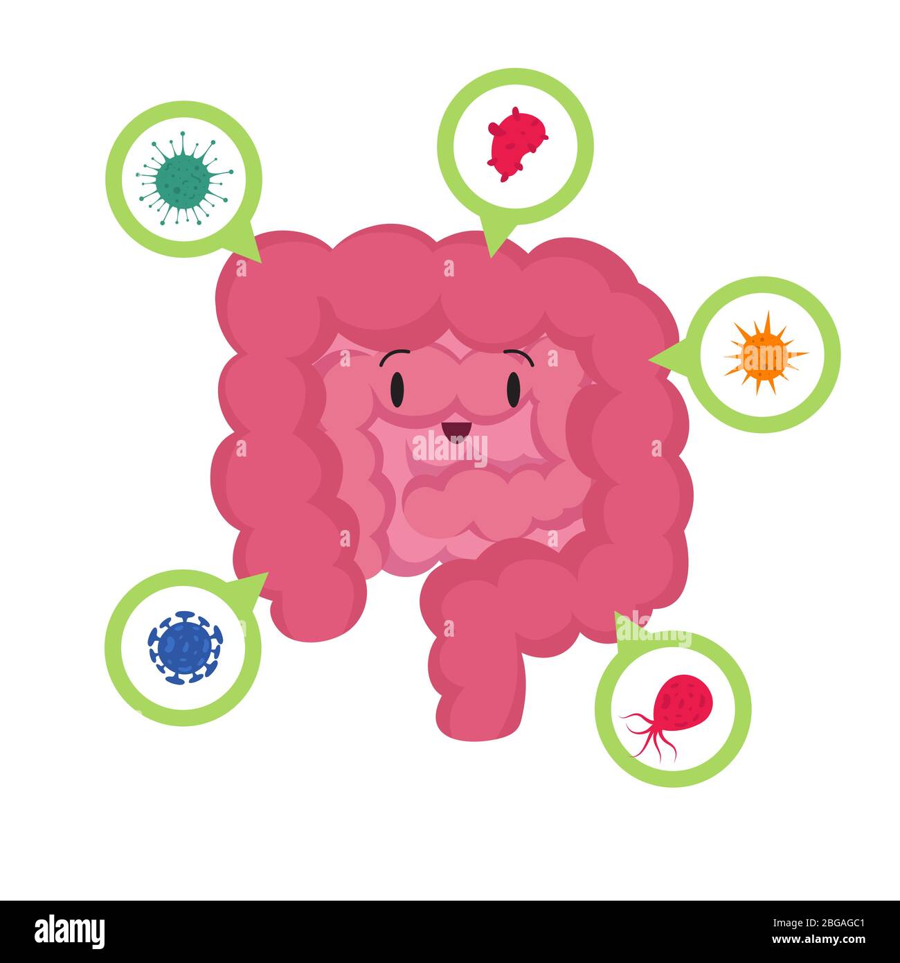 Cartoon Happy human intestine with good microscopic bacterias Medical probiotics vector concept. Illustrazione di salute digestiva, microbi in digestione Illustrazione Vettoriale