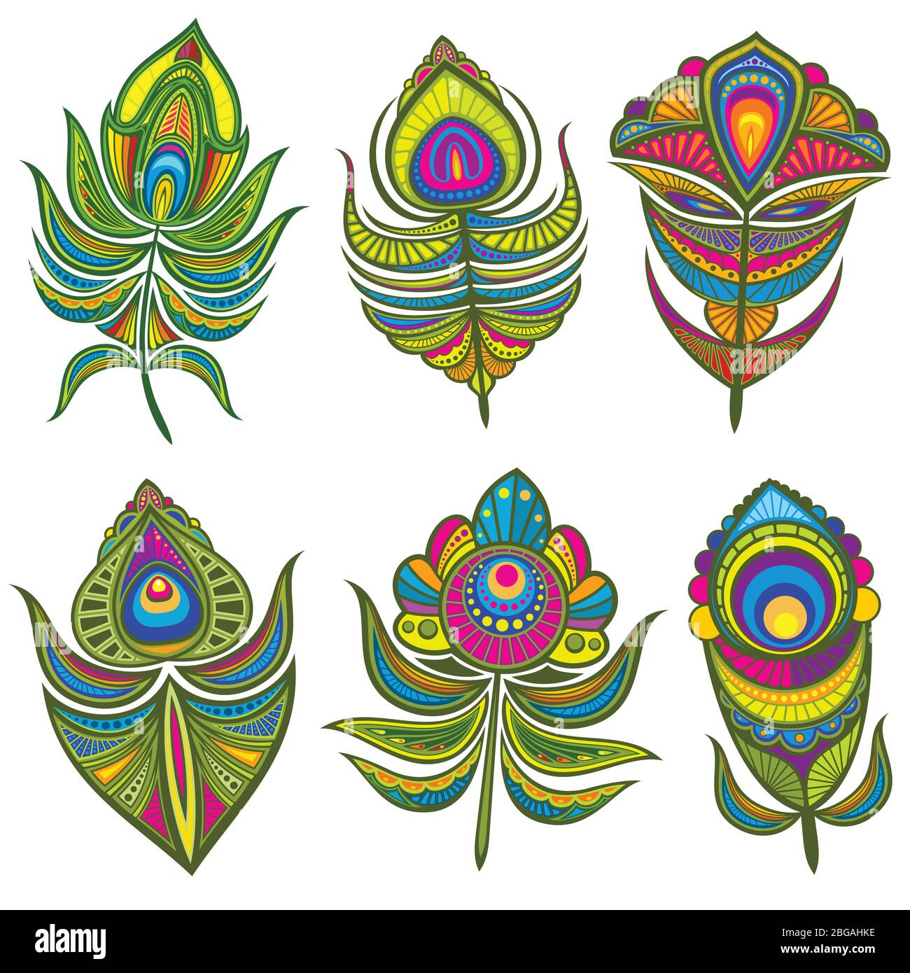 Decorativo etnico pavone piume vettore set isolato. Ornamento brillante di piume d'uccello, illustrazione di quill vintage di motivo Illustrazione Vettoriale