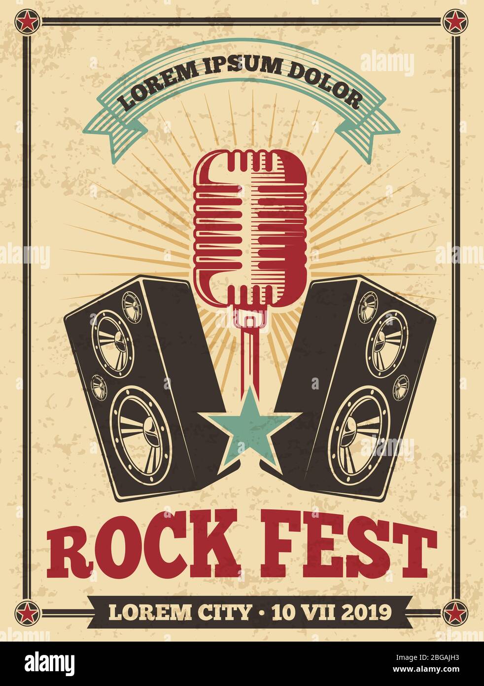 Poster vettoriale del festival rock. Rock and roll concerto retro sfondo. Festival di bandiera concerto, musical pesante illustrazione Illustrazione Vettoriale