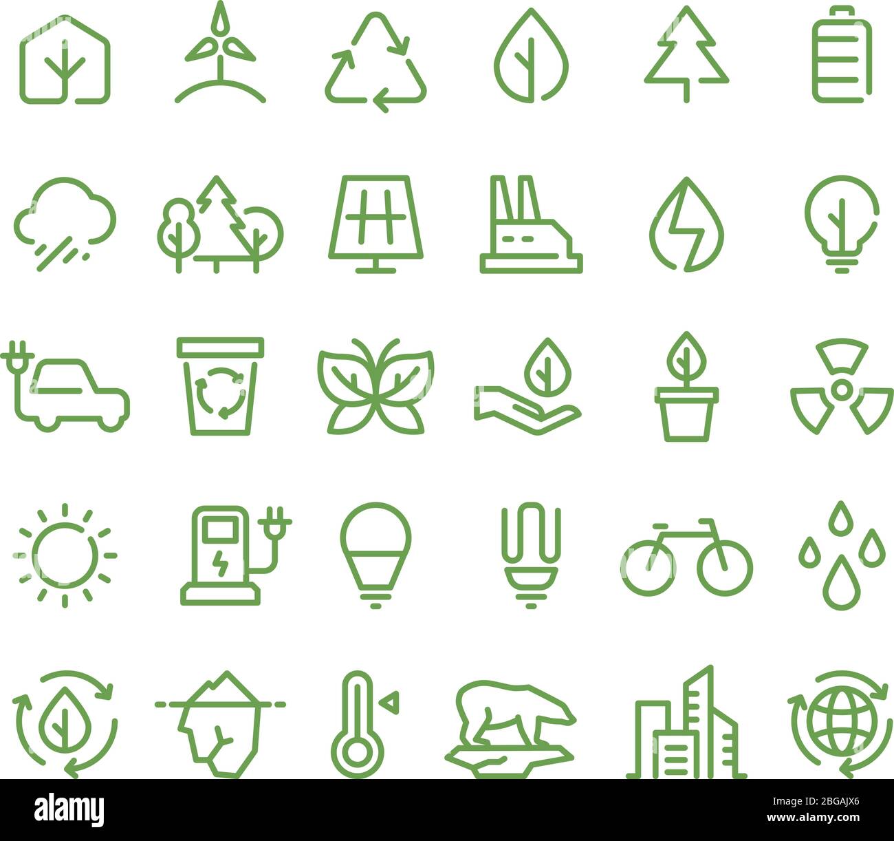 Icone delle linee vettoriali per ambiente ecologico e verde. Simboli di contorno per ecologia e riciclaggio. Ambiente energetico ecologico, illustrazione dell'energia di riciclo ecologica Illustrazione Vettoriale