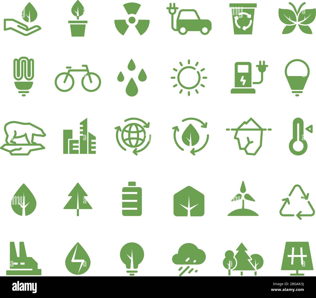 Icone verdi dei vettori ecologici. Pittogrammi sull'ambiente pulito, sul processo di riciclaggio e sulle energie rinnovabili. Energia verde, ecologia e ambiente Illustrazione Vettoriale