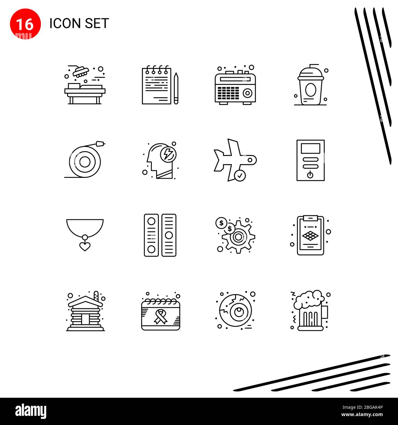 16 User Interface Outline Pack di segni e simboli moderni di elementi curvi, di vacanza, di piano, di bevanda, torta Editable Vector Design Illustrazione Vettoriale