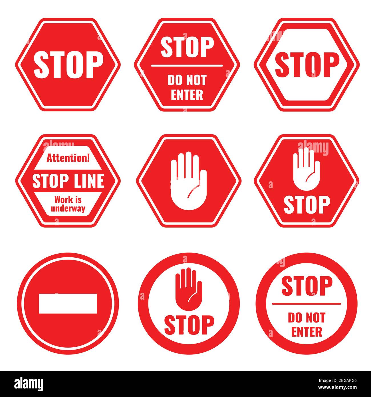 Stop stradale, segnaletica vettoriale limitata e pericolosa isolata. Illustrazione del simbolo di strada e di arresto, avvertenza e attenzione Illustrazione Vettoriale