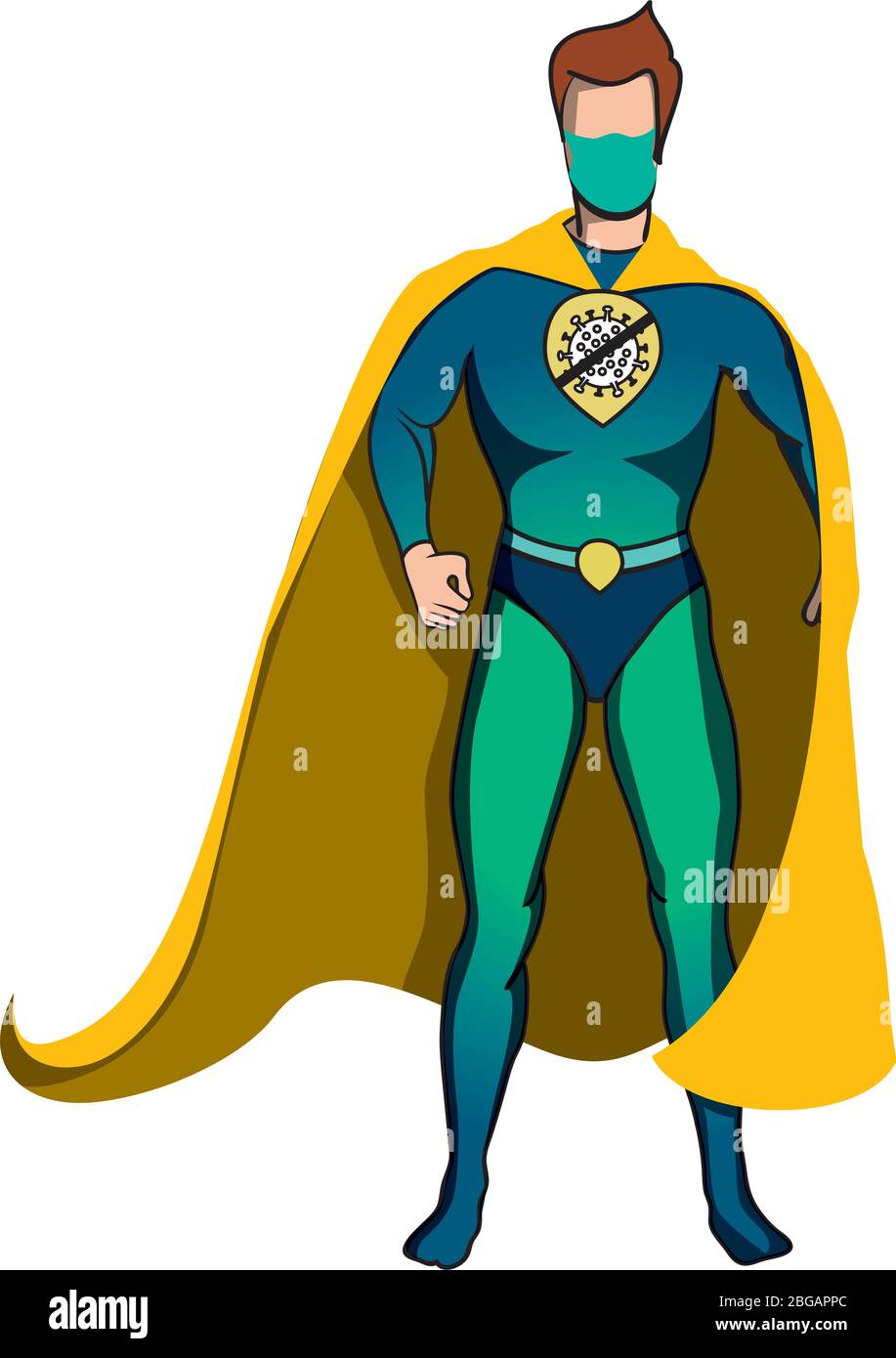 Supereroe in mantello giallo e maschera protettiva facciale Illustrazione Vettoriale