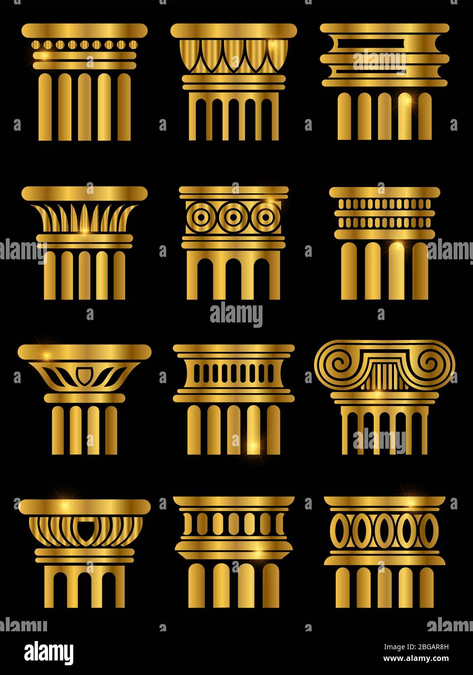 Scintillante oro antica roma architettura colonna collezione su nero. Illustrazione vettoriale Illustrazione Vettoriale
