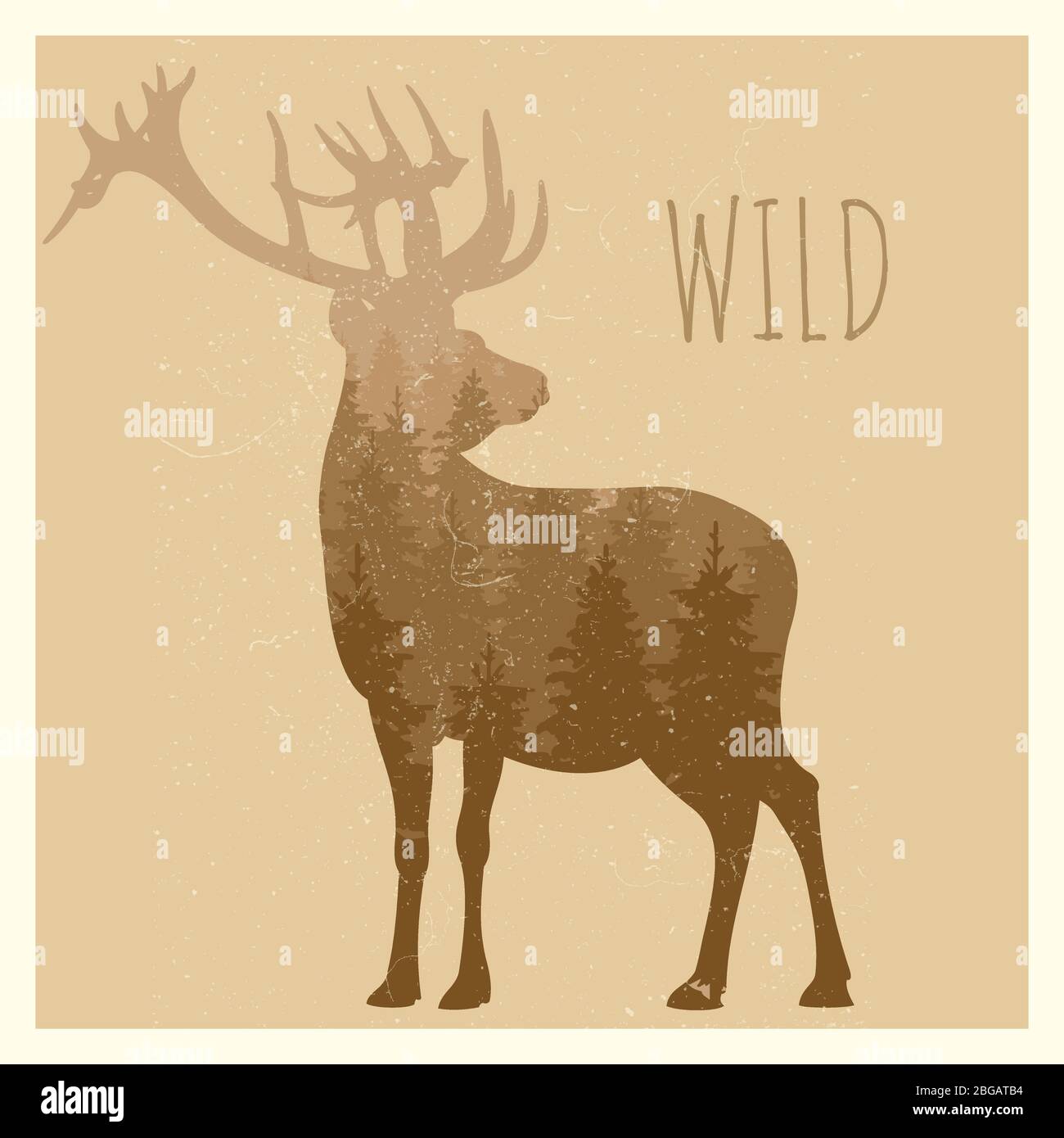 Doppio cervo in mostra con panorama forestale - emblema di cervo grunge selvaggio. Illustrazione vettoriale Illustrazione Vettoriale