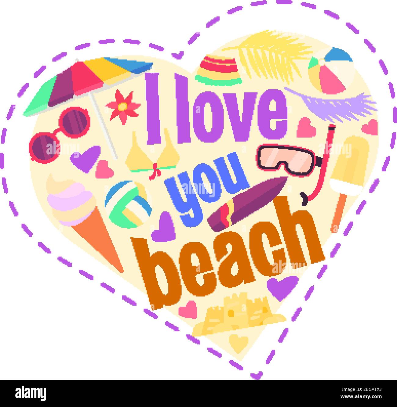 Ti amo spiaggia. Forma del cuore del cartone animato Illustrazione Vettoriale