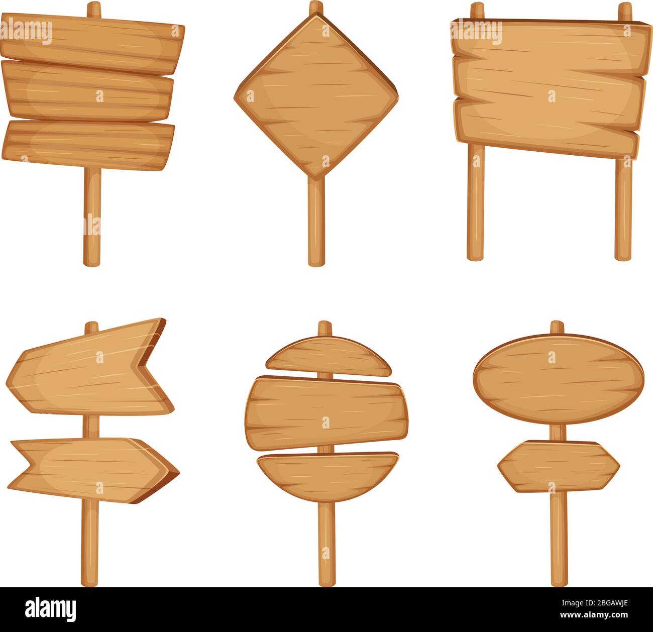 Cartello di direzione in legno isolato su sfondo bianco. Set di illustrazioni vettoriali cartoni animati Illustrazione Vettoriale