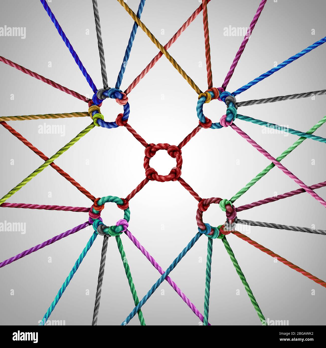 Team Unity Concept e e il lavoro di squadra come metafora aziendale per unire una partnership di gruppo come corde diverse collegate insieme. Foto Stock
