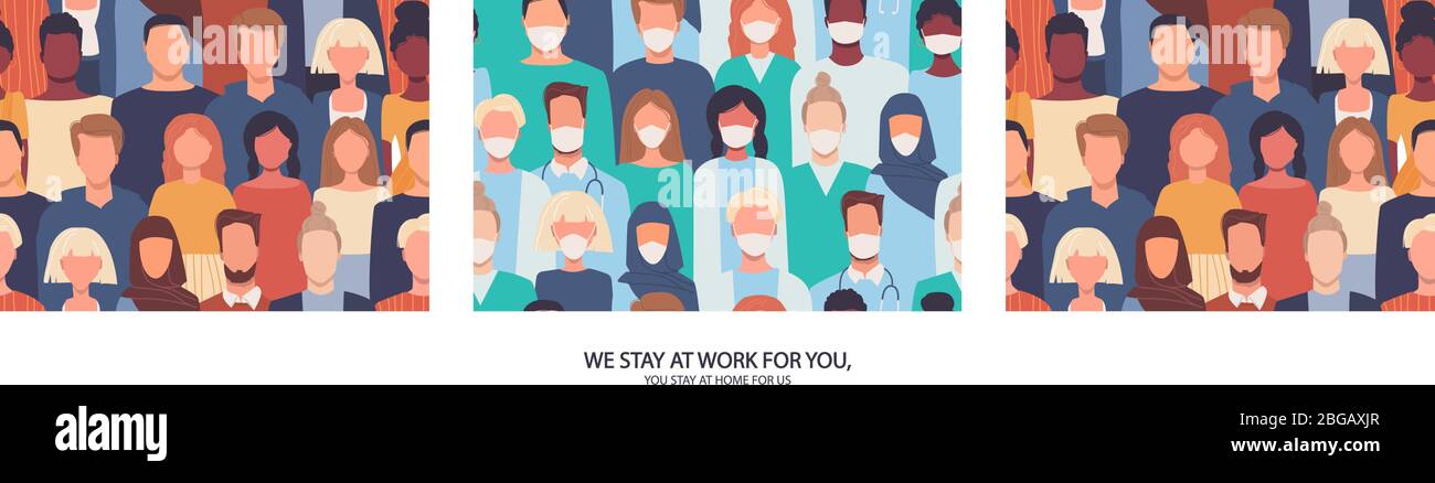 Insieme vettoriale di motivi senza giunture. Società moderna, personale medico. Texture infinita, stampa, sfondo, sfondo. Grazie medici, infermieri. Motivazione Illustrazione Vettoriale