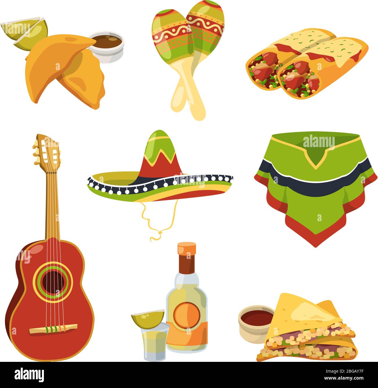 Cucina messicana tradizionale e altri diversi elementi nazionali. Illustrazioni vettoriali in stile cartoon Illustrazione Vettoriale