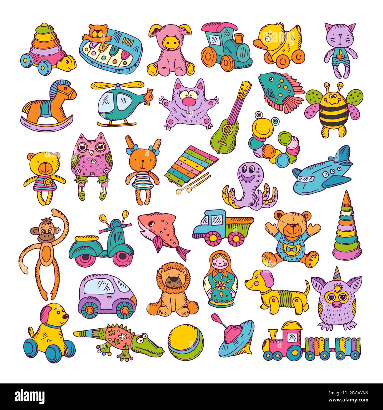 Icone a colori dei giocattoli per bambini. Illustrazioni vettoriali disegnate a mano. Set di doodle Illustrazione Vettoriale
