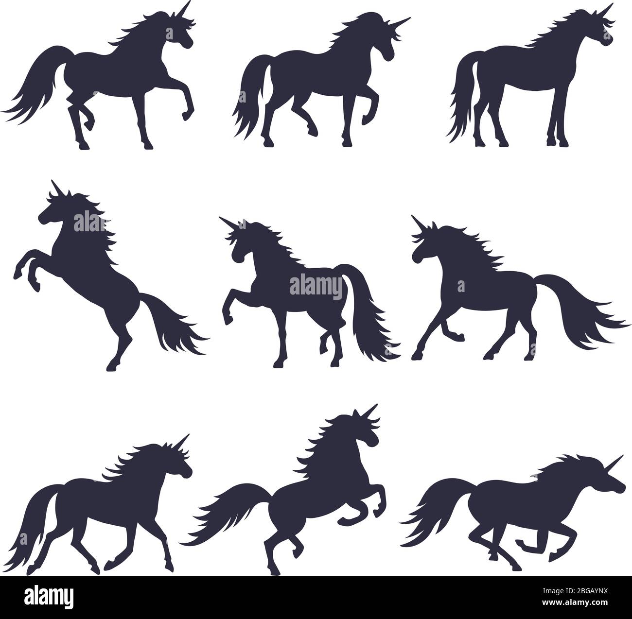 Mitologia illustrazioni insieme di unicorni silhouette in diverse pose. Immagini vettoriali di cavalli neri medievali Illustrazione Vettoriale