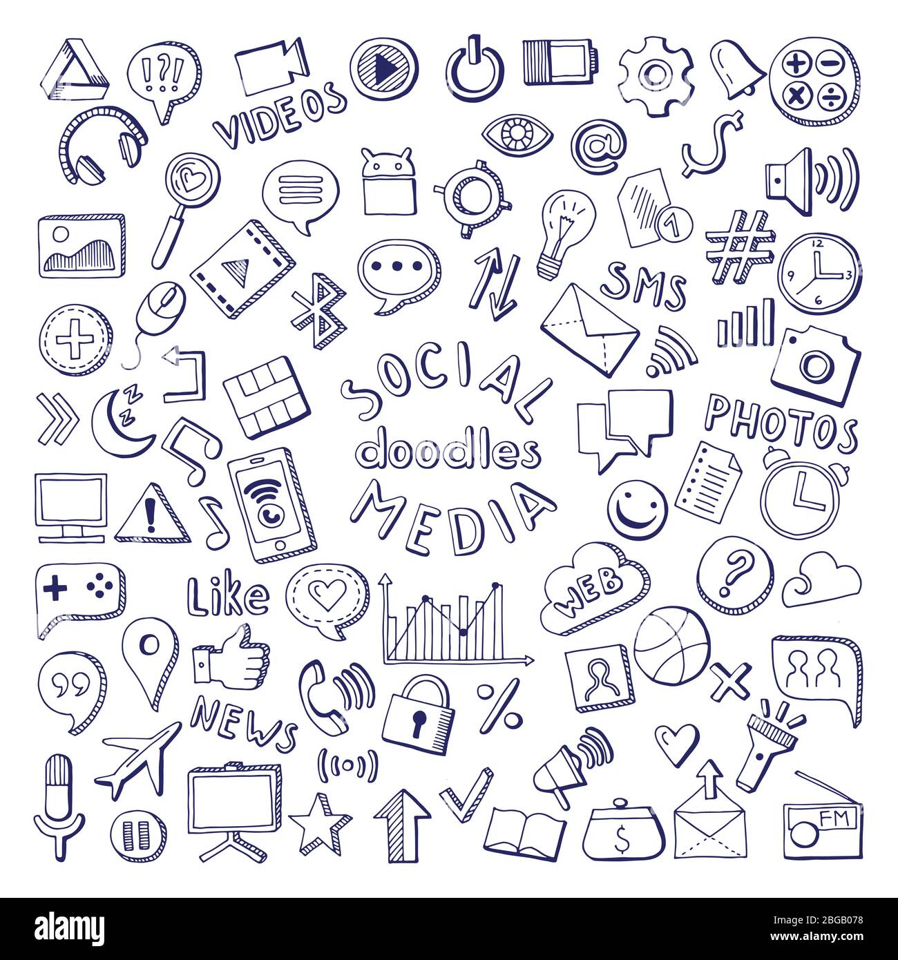 Set di icone disegnate a mano sui social media. Illustrazioni vettoriali di computer e rete Illustrazione Vettoriale