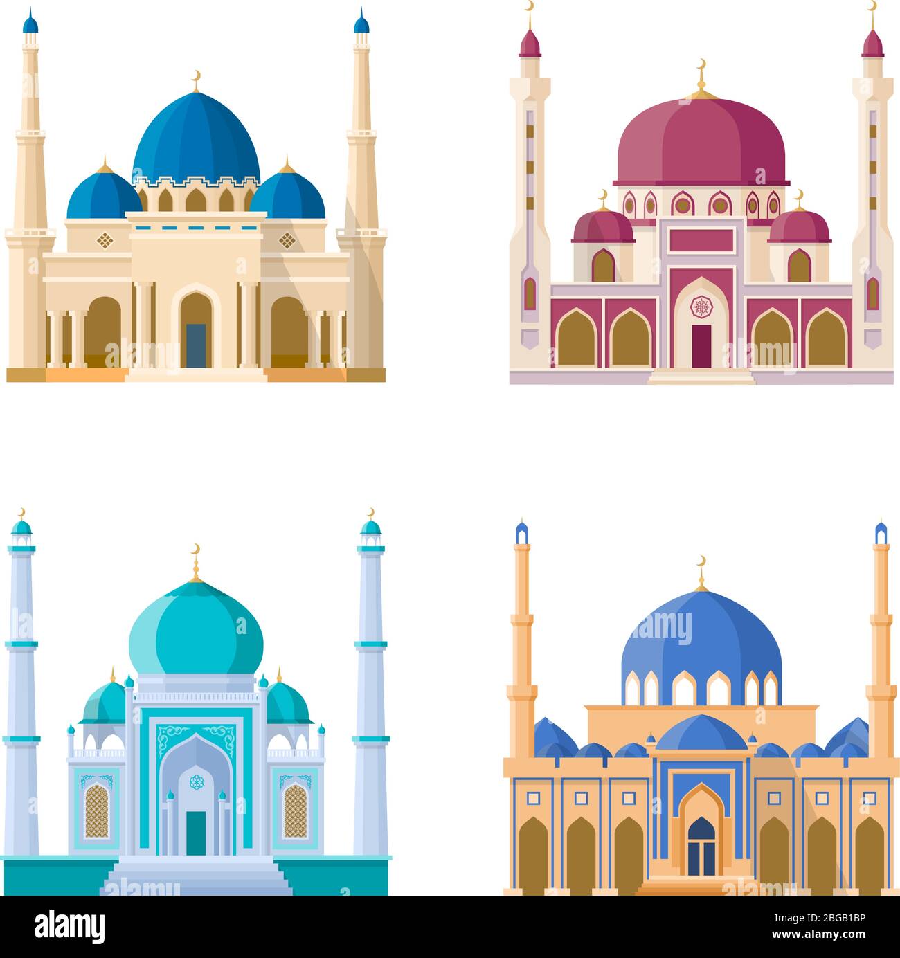 Set vettoriale di quattro moschee. Edifici di religione araba. Le illustrazioni dei cartoni animati si isolano su sfondo bianco Illustrazione Vettoriale