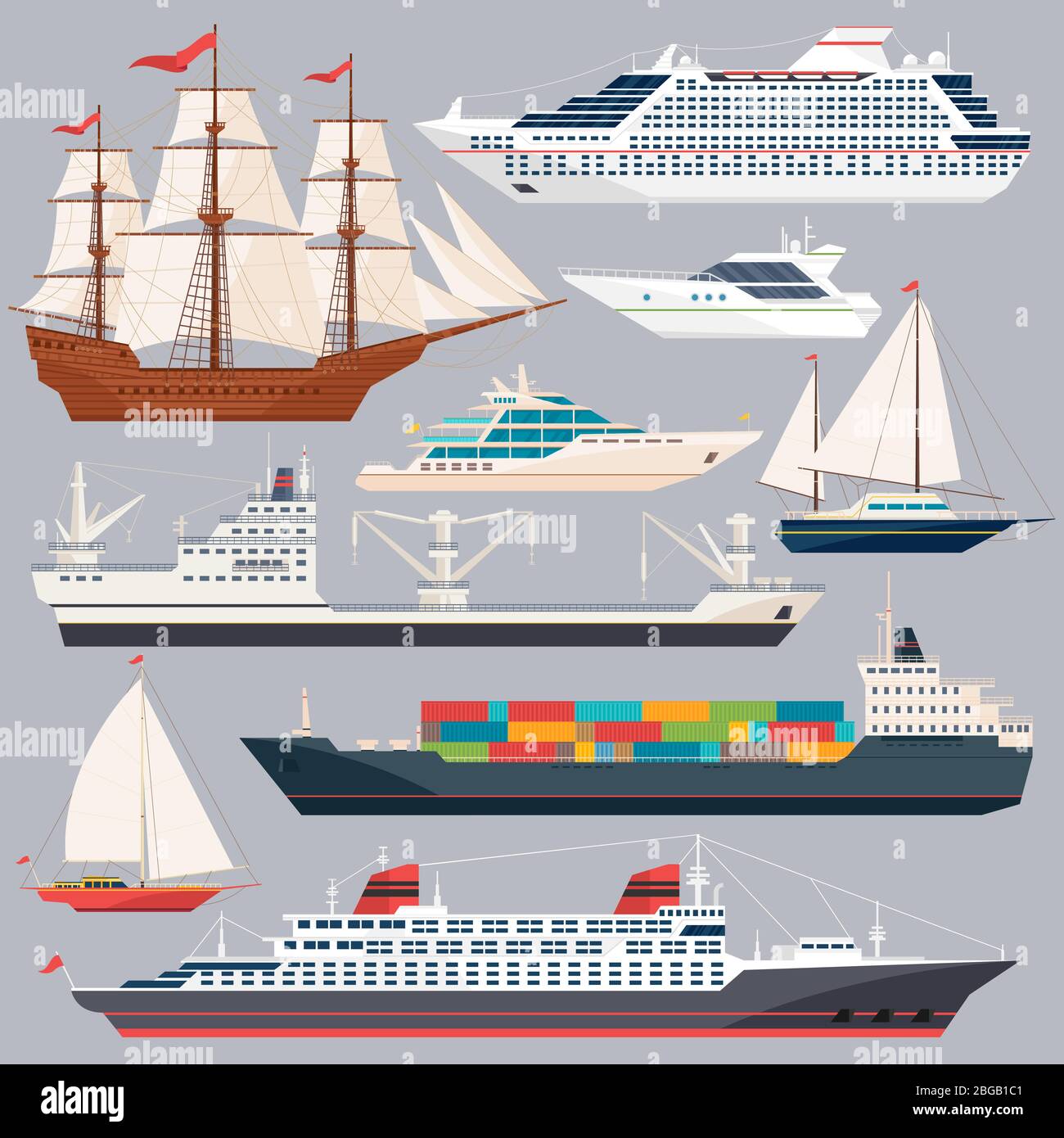 Trasporto marittimo. Illustrazioni vettoriali di navi e di imbarcazioni diverse. Immagini di stile piatto Illustrazione Vettoriale
