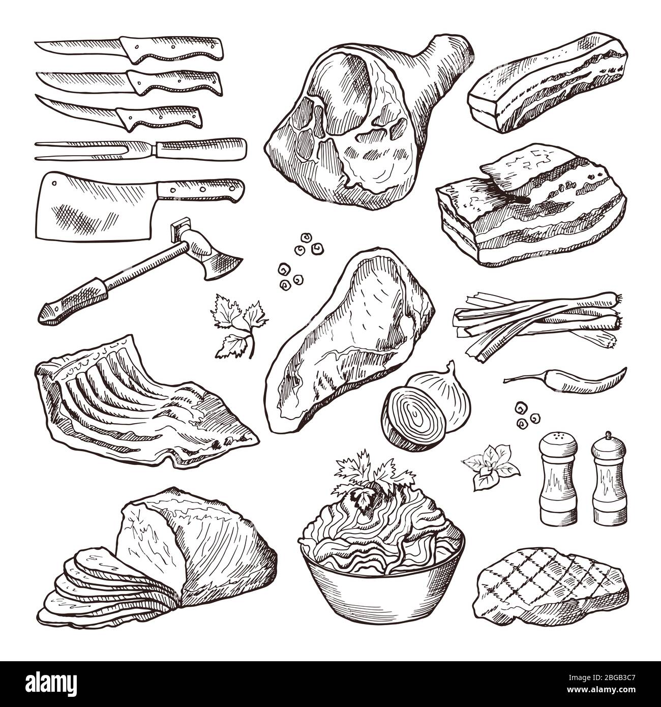 Cibo di carne diverso. Maiale, pancetta e accessori da cucina. Immagine disegnata a mano con il vettore lama e ascia Illustrazione Vettoriale