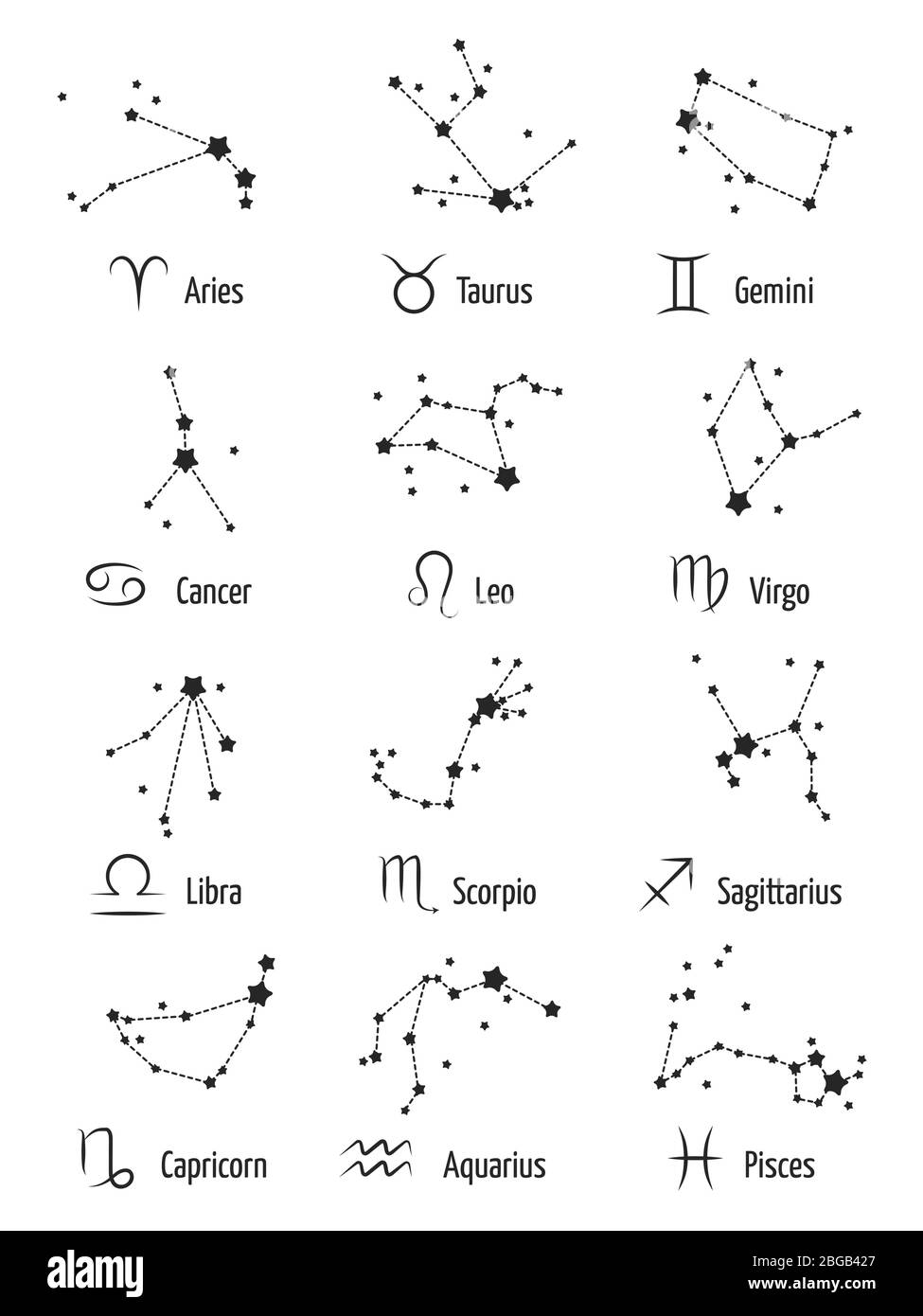 Segni zodiacali simboli oroscopo astrologia icone - stelle costellazioni zodiacali isolate su sfondo bianco. Astrologia e costellazione zodiacica per oroscopo, illustrazione vettoriale Illustrazione Vettoriale